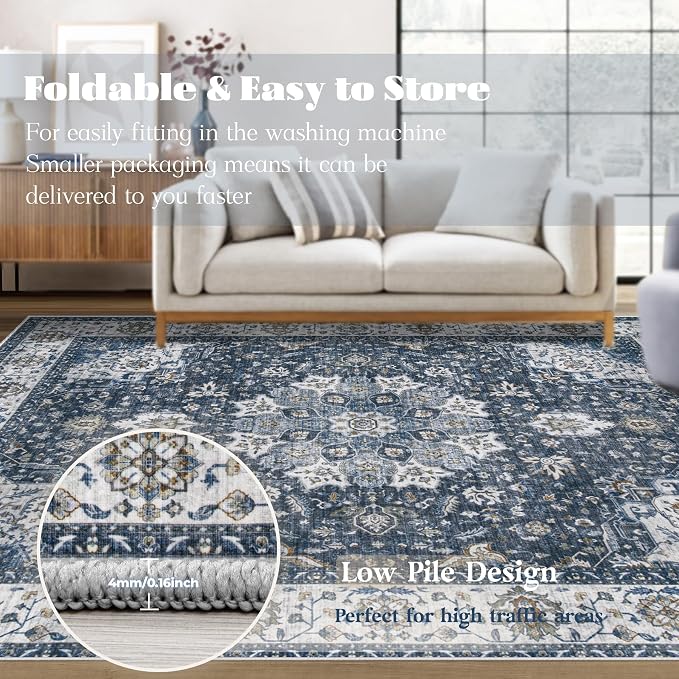Area Rug 5x7 Washable Rug, Vintage Boho Medallion Rugs Non-Slip Soft Low Pile - Image 6