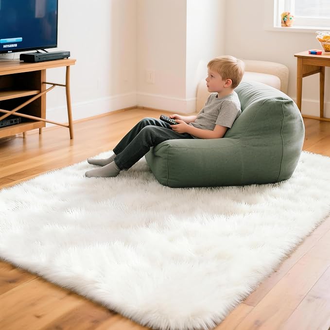 4x6 Solid Fluffy White Area Rug – Washable, Living Room Rug, Non-Slip High Pile by SWGRTCarpet