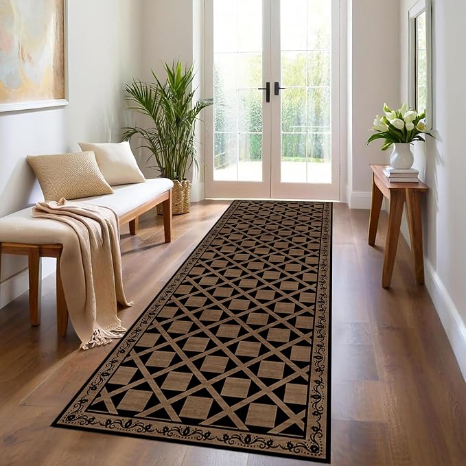 Minimalist Checkered Runner Rug, Floral Print Hallway Kitchen Runners Rugs - Image 4