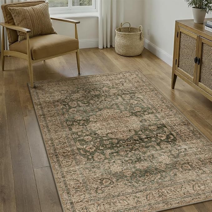 3x5 Washable Vintage Area Rug Green Brown Entryway Office Carpet Non-Slip Soft - Image 3