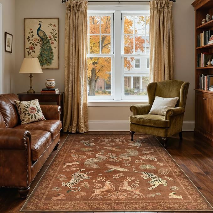 Moynesa Orange 5x7 Bedroom Rugs, Vintage Peacock Floral Washable Area Rugs by Moynesa