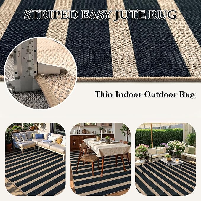 Lahome Striped Easy Jute Area Rug 6x9, Outdoor Patio Rug Neutral Black Carpet - Image 3