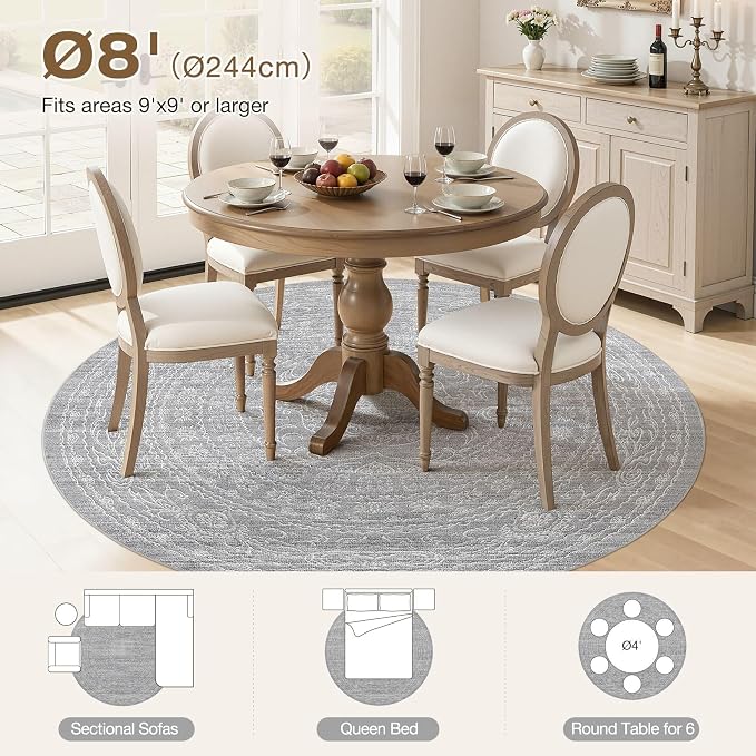 8ft Round Rug Living Room: Washable Large Vintage Rug Neutral Non-Slip Soft - Image 3