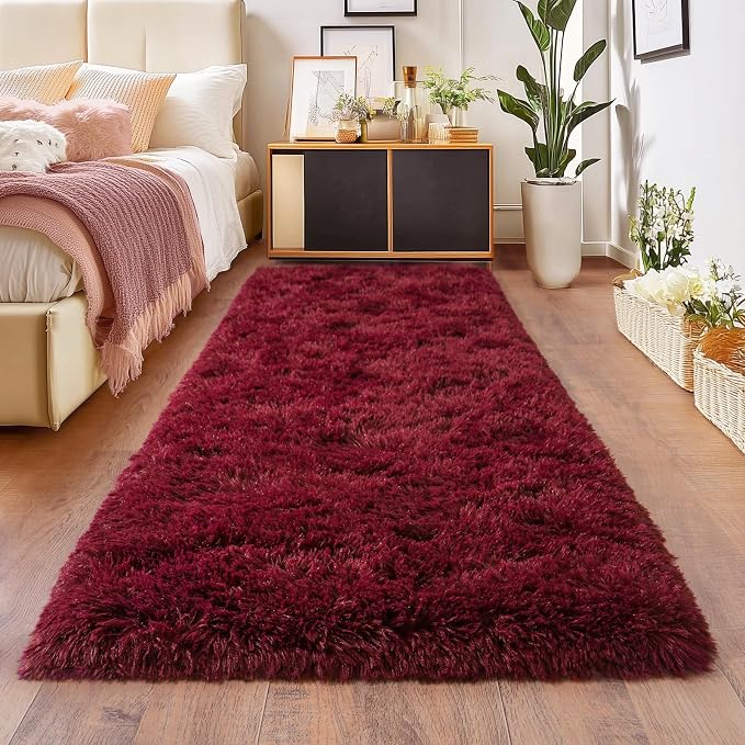 Burgundy Runner Rug for Hallway, Bedroom Bedside Plush Rugs, Non Slip Fluffy by Isdook