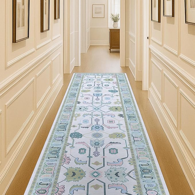 Fame Living Cream Green Oushak Runner Rug, Modern Runners, Small Rugs, Short by FameLiving%7COushakRugs