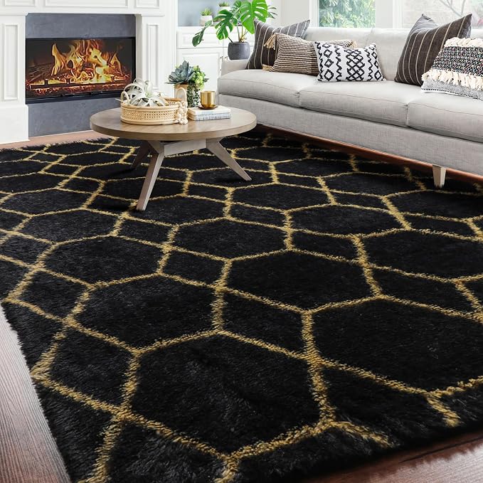 ONASAR 7x9 Area Rugs for Living Room Bedroom, Washable Large Boho Fluffy Black by ONASAR