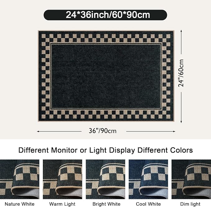 OJIA Easy Jute Kitchen Rug, 2x3 Black Indoor Door Mat Checkered Washable Area - Image 2