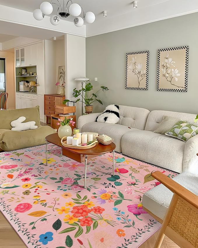 Boho Washable Area Rug 6x9 for Living Room, Kitchen or Dining Room, Soft Floral by Unknown