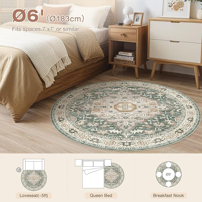 Round Rug Living Room Rugs: 6x6 Washable Boho Neutral Large Circle Soft Indoor - Image 4