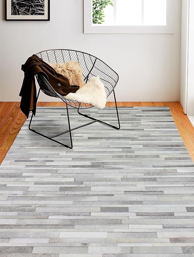 Cowhide Leather Rug for Living Room 4x6 Natural Leather Rug Modern Stripes - Image 3
