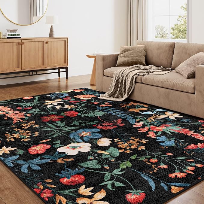 Black Area Rug 5x7 Floral Washable Living Room Kitchen Boho Carpet Non Slip Low - Image 5
