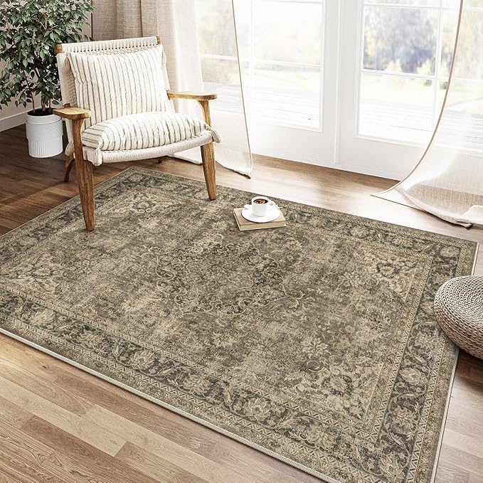 4x5 Washable Brown Area Rug Vintage Entryway Office Carpet Non-Slip Soft Low - Image 3