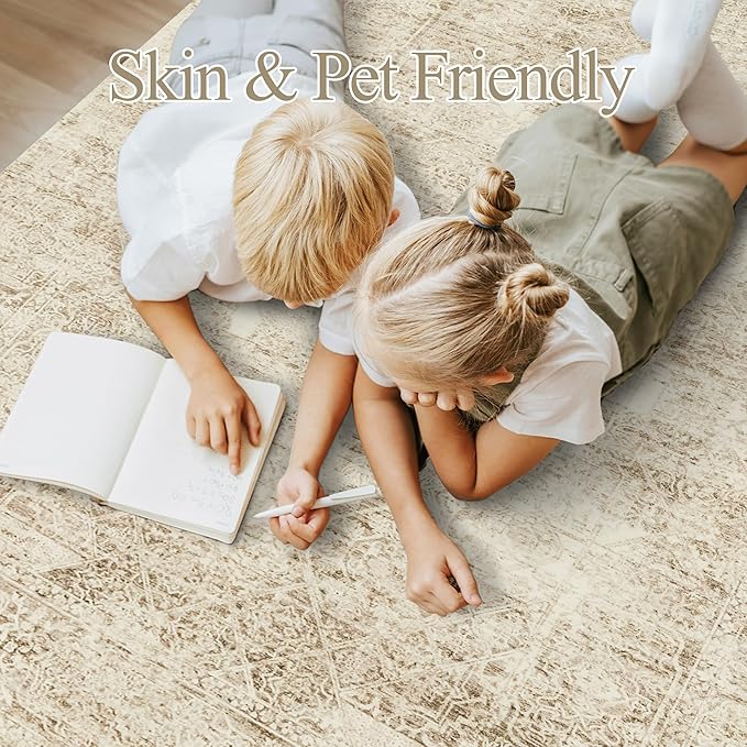 5x7 Area Rugs Brown Low Pile Indoor Washable Trendy Faded Style Floral Rugs - Image 3