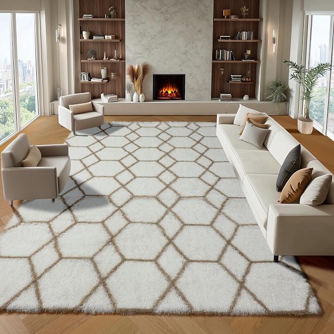ONASAR 8x10 Area Rugs for Living Room, Fluffy White and Beige Bedroom Rug by ONASAR