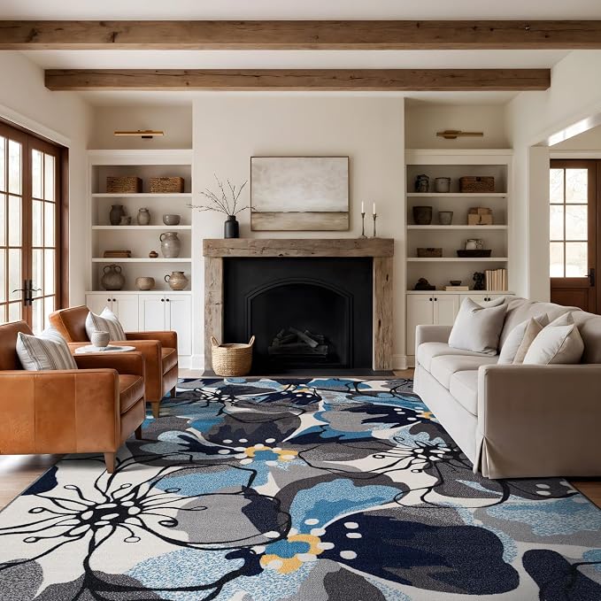 Rugshop Gray Large Floral Non-Slip Area Rug Fade Resistant by Rugshop