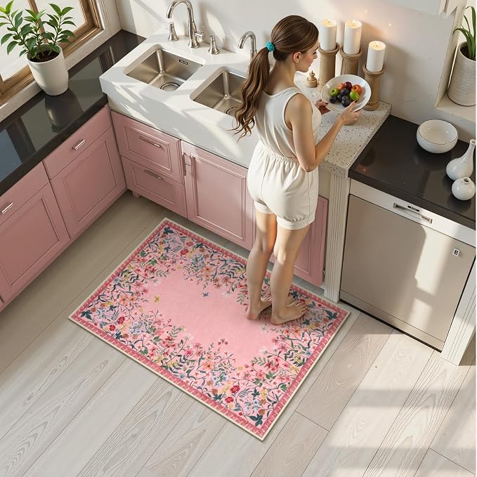 Wonnitar 2x3 Pink Bathroom Rugs Non Slip Washable, Floral Small Area Rugs - Image 7