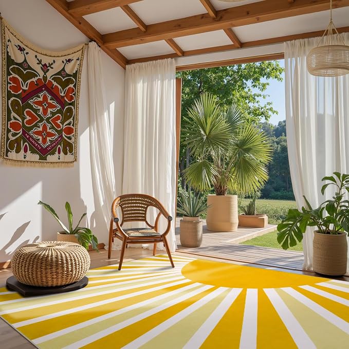 Lahome Yellow Rainbow Sun Area Rug: 9'x12' Ultra-Thin Machine Washable & - Image 2