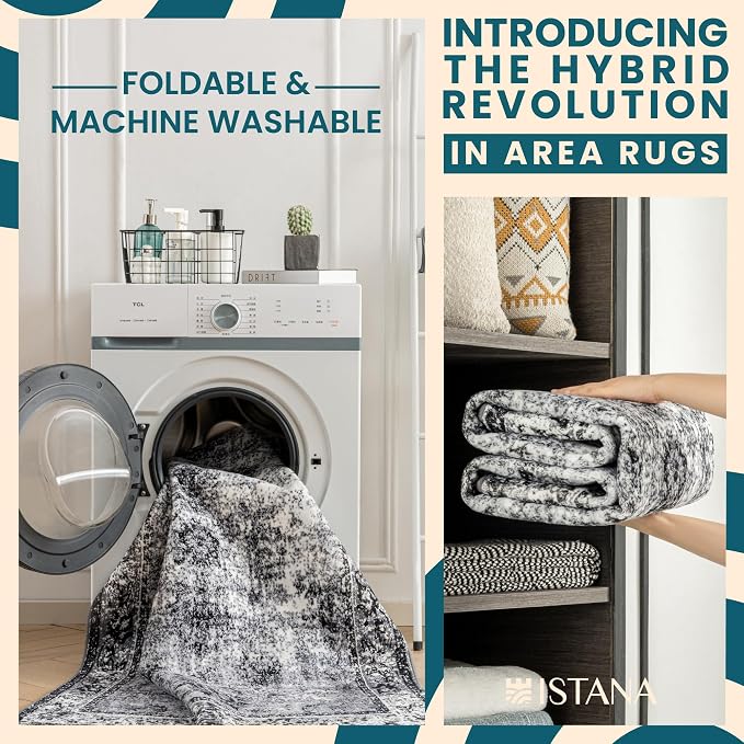 Istana Stylish 10x14 Foldable Machine Washable Dark Grey Area Rugs - Image 3