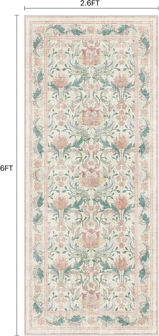 Bavni 2'6''x6 Runner Rug, Microfiber Washable Non-Slip Vintage Floral Rugs - Image 2