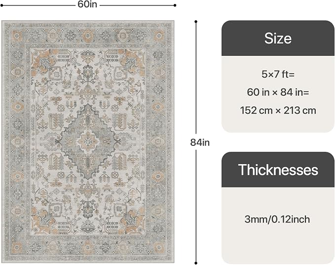 Bavni Vintage 5x7 Area Rugs, Boho Oriental Living Room Rug, Machine Washable - Image 2