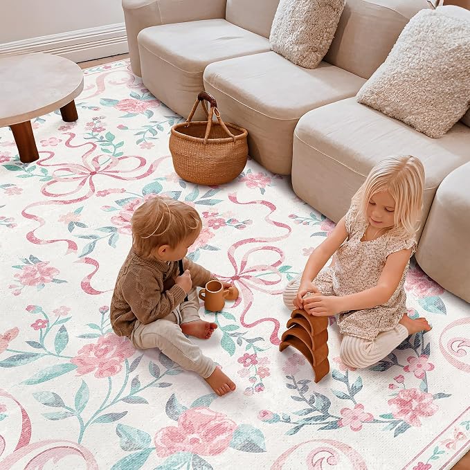 Pink Rug Bow Floral 8x10 Rug, Washable Area Rugs - Image 4