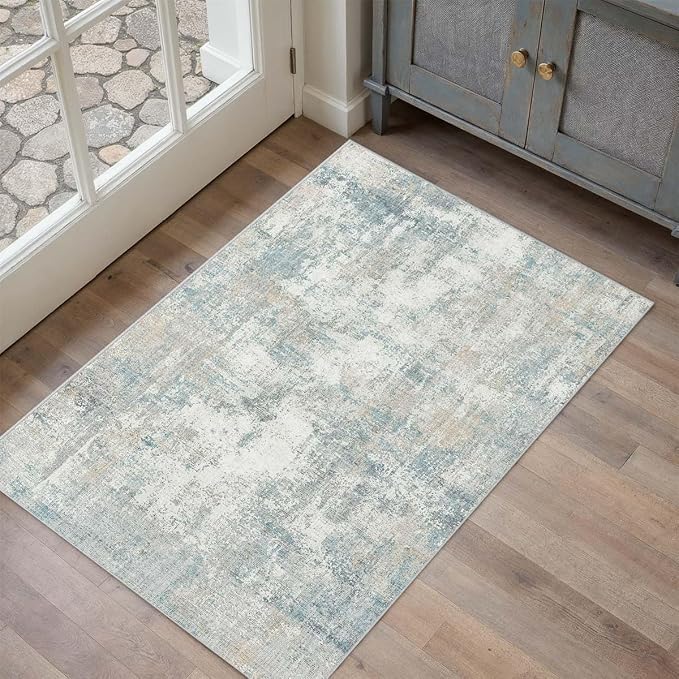 2x3 Washable Area Rug Blue Cream Abstract Entryway Kitchen Throw Rug Neutral - Image 5