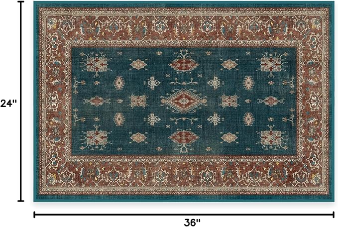 RUGGABLE Washable Vintage Area Rug – Verena Teal Blue 2x3, Stain-Resistant - Image 3