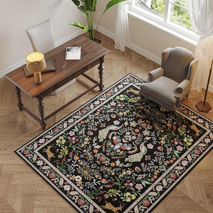 Area Rug 4x6 Rug Washable Rugs Floral Non Slip Low Pile Small Carpet - Image 4