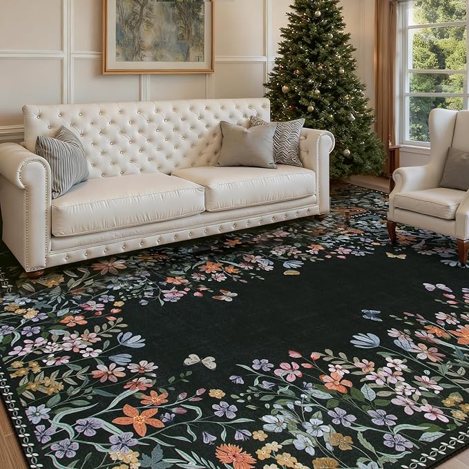 Wonnitar Washable 8x10 Rug, Non-Slip Soft Black Botanical Area Rugs - Image 2