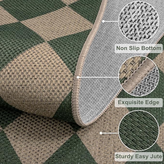 Easy Jute Checkered Entryway Rug, 2x3 Green Modern Indoor Outdoor Doormat - Image 2