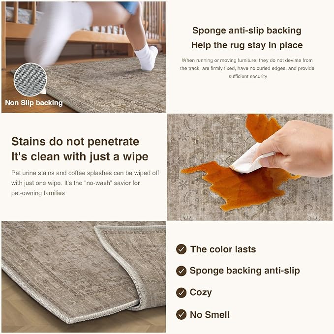 HUGEAR Washable Hallway 2x8 Runner Rugs Retro Brown Vintage Distressed Non Slip - Image 5