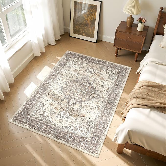4x6 Area Rug Washable Rugs: Boho Large Neutral Vintage Soft Rugs Stain - Image 4
