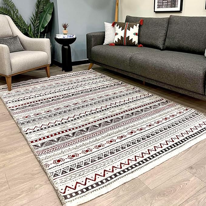 Alfa Rich 7x10 Red Burgundy White Gray Washable Area Rugs - Image 4