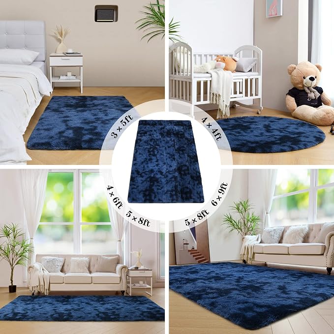 duduta Navy Blue Fluffy Bedroom Rug 3x5 ft, Tie-Dye Shag Plush Area Rug - Image 6