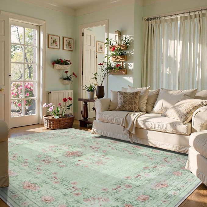 Wonnitar Green Area Rug for Living Room, Floral Bow 8x10 Washable Rug, - Image 4