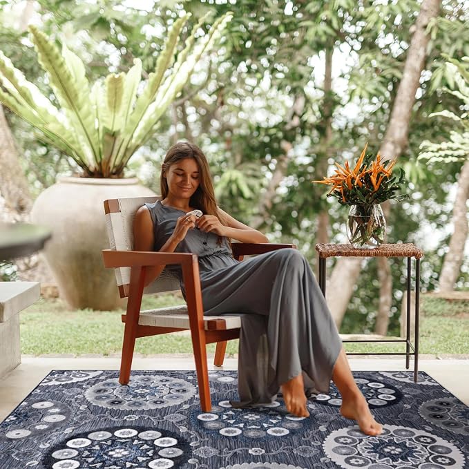 CAMILSON Indoor Outdoor Rug 6x9 Bohemian Medallion Floral Area Rugs - Image 9