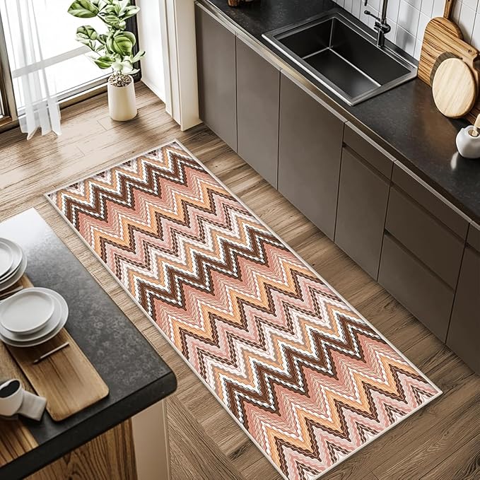 Brown Pink White Wave Runner Rug, 3x10ft Soft Tone Hallway Decor Carpet - Image 3