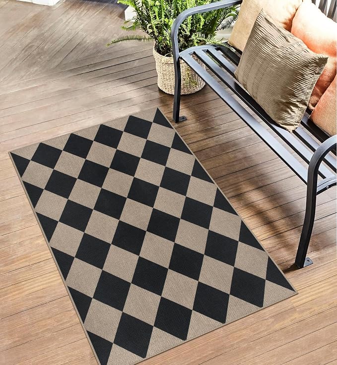 Easy Jute Checkered Entryway Rug, 2.6x4 Black Modern Indoor Outdoor Doormat - Image 7
