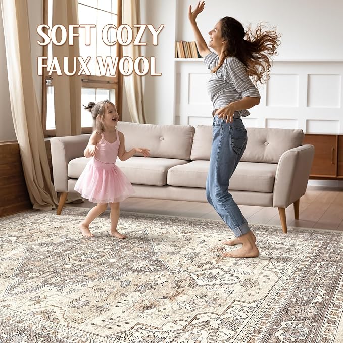 10x14Ft Area Rugs Living Room: Washable Boho Large Neutral Vintage Soft Rug - Image 3
