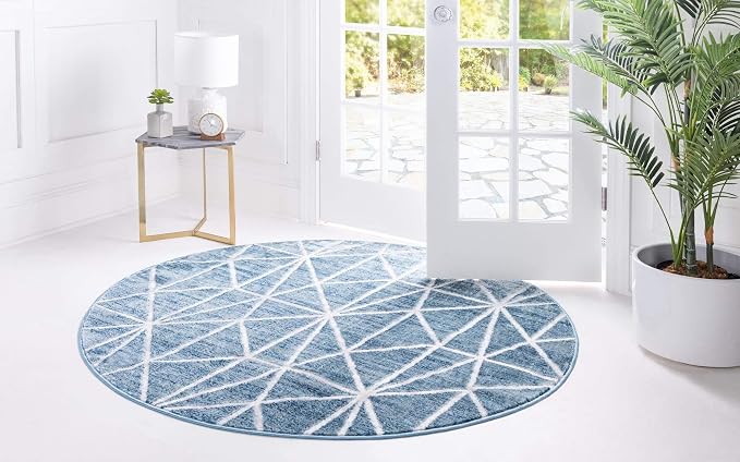 Rugs.com Lattice Trellis Collection Rug – 8 Ft Round Blue Low-Pile Rug Perfect - Image 5
