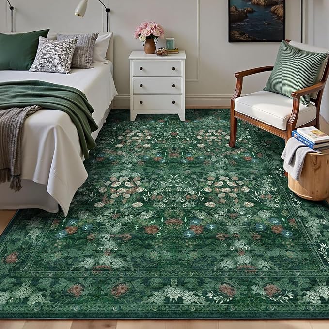Green Boho Living Room 5x7 Area Rug, Floral Washable Vintage Distressed Rug - Image 5