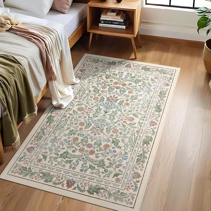 3x5 Washable Area Rug Floral Beige Entryway Small Rug Vintage Forest Low Pile - Image 2