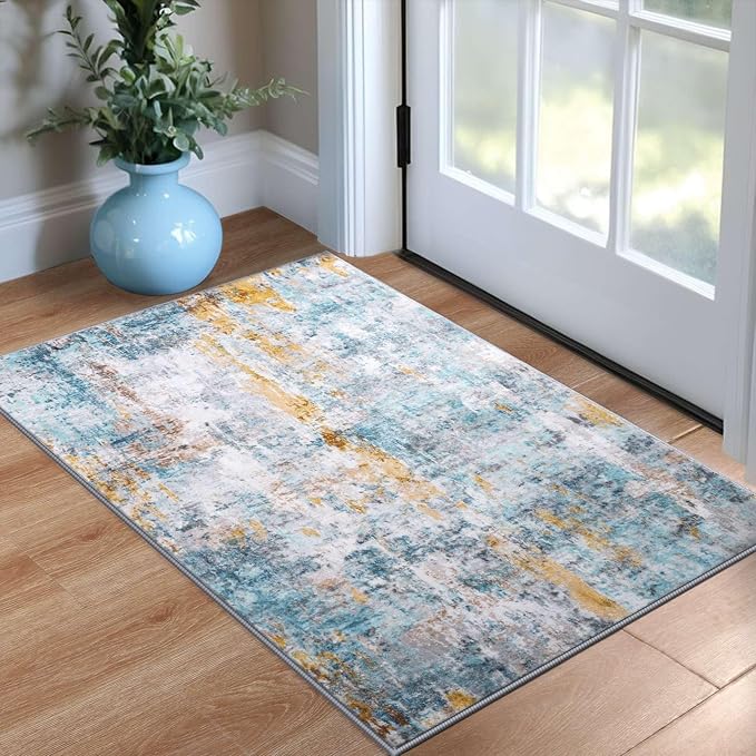Entrance Rugs Indoor 2x3 Blue Entry Rug Washable Abstract Small Area Rug by OmpaaHomeDecor