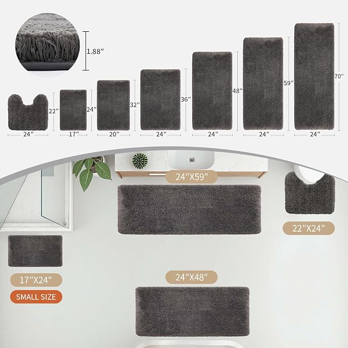 Bathroom Rugs 24x48 Non Slip Dark Grey Fluffy Bath Mat - Image 3