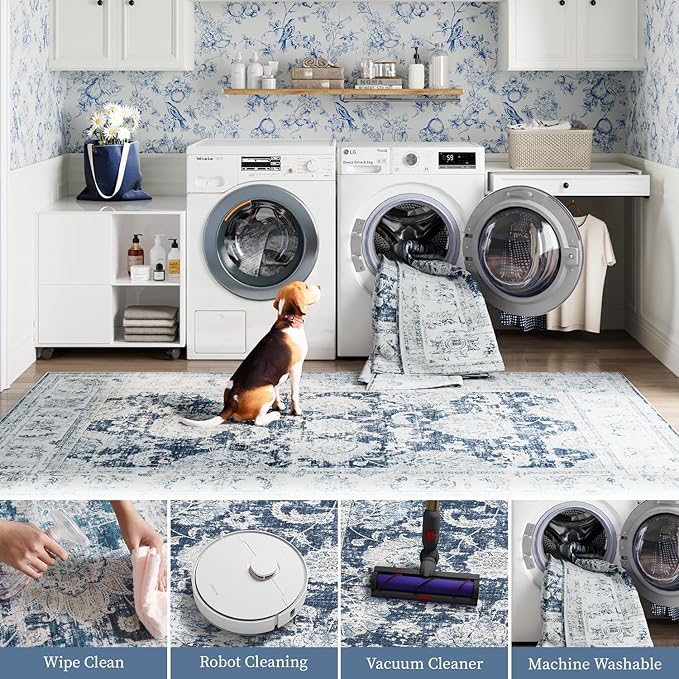 jinchan Fiora Hallway Runner Rug 3x10 Machine Washable Runner Rug Dark Blue - Image 4