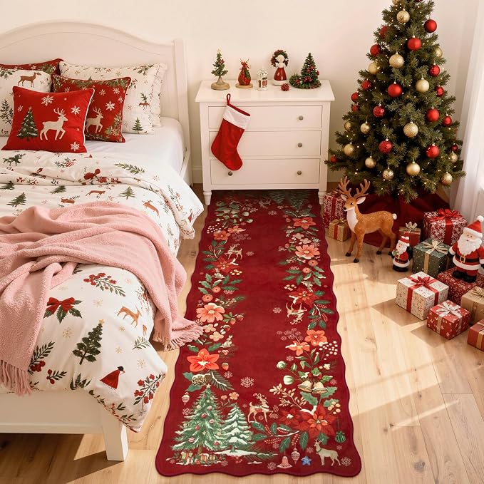 Lahome Floral Christmas Runner Rug, 2x6 Red Christmas Rug Runner Non Slip - Image 3