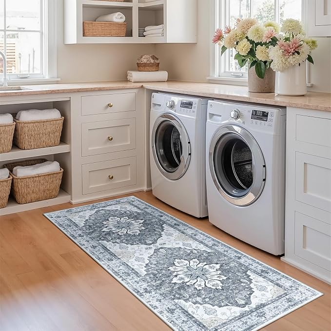 Area Rugs 2'x5' Washable Non-Slip, Floral Vintage Distress Print Pattern by RELEANY