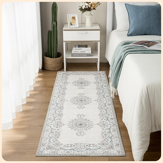 Istana Hallway Runner Rug 2.5x8 – Pink Beige Whisper/Grey/Blue Entryway Rug by Istana