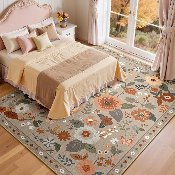 Floral 9x12 Area Rug Machine Washable Soft Print Boho Carpet Non Slip Doormat - Image 2