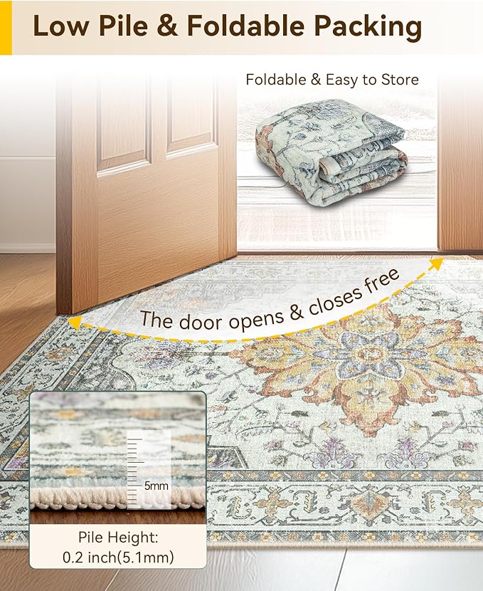 Area Rugs 2'x6' Washable Non-Slip, Floral Vintage Distress Print Pattern - Image 5